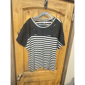 CHICO'S‎ Women's Thin Stretch Viscose Tunic Lace Trim Black White Striped Size 4